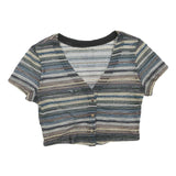 Womens Blue Beige Striped Cropped Top Short Sleeve V-Neck Button M Patterned