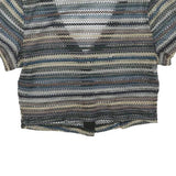 Womens Blue Beige Striped Cropped Top Short Sleeve V-Neck Button M Patterned