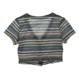 Womens Blue Beige Striped Cropped Top Short Sleeve V-Neck Button M Patterned