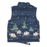 Womens Blue Polyester Blend Fleece Sleeveless Zip Front Bear & Trees Print Vest