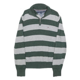 TOMMY HILFIGER Mens Green & Grey Patterned Jumper 1/4 Zip Crew Neck Cotton M