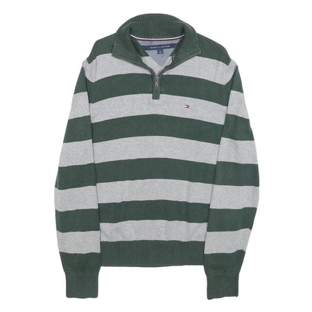TOMMY HILFIGER Mens Green & Grey Patterned Jumper 1/4 Zip Crew Neck Cotton M