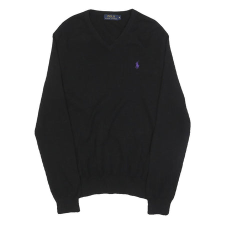POLO RALPH LAUREN Mens Black Plain Wool V Neck Basic Knit M Jumper Classic