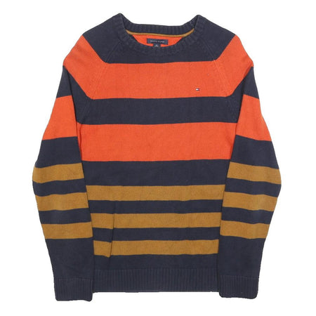 TOMMY HILFIGER Boys Navy & Orange Brown Striped Pattern Plain Crew Neck Basic