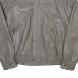 Mens Grey Leather Bomber Jacket M Smooth Plain Zipped Pockets Style