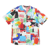 Womens White Colourful Graphic Patterned Button Shirt L Printed Design