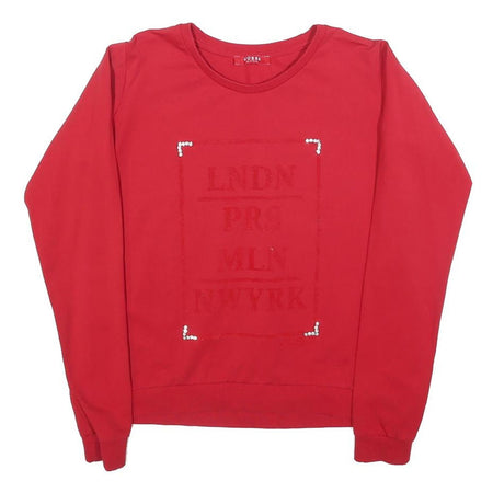 GUESS Womens Red Sweatshirt Crew Neck S LNDN PR MLN NWYRK Pullover Cotton