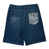 Skull Print Fubu Graphic Denim Shorts - 32W 10L Blue Denim