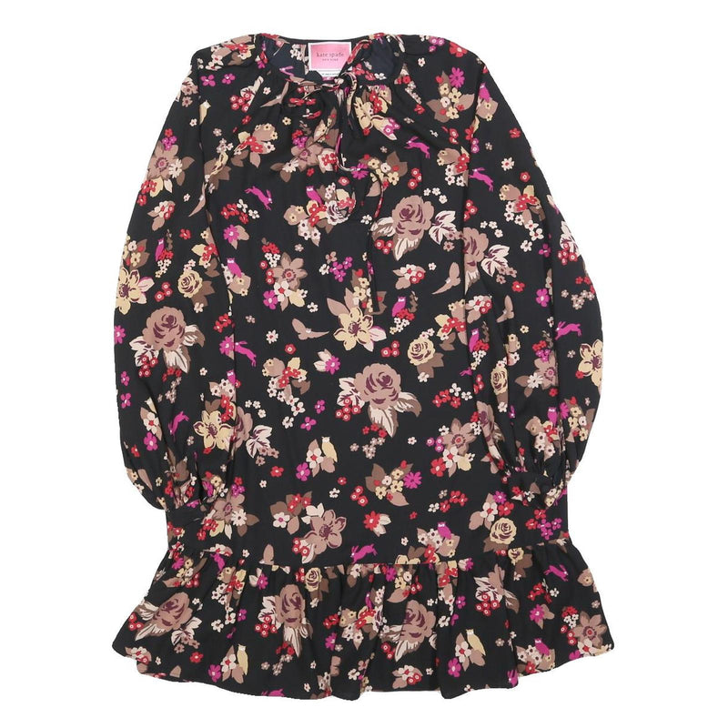 KATE SPADE Womens Black Floral Day Polyester Blend Mini Dress XS Tie Neck