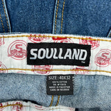 Winged Heart Embroidery On Back Pockets Soulland Hip Hop Jeans - 40W 28L Blue Cotton
