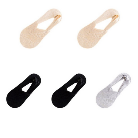 Anyfootwear 5 Pairs Women's Lace Flower Invisible Ankle Socks Size 5-9 Breathable Anti-Slip Non-Skid Low Cut Fashion Socks (2 Skin, 2 Black, 1 Grey)