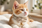 Anypet Small Beige Bow Cat Collar with Safety Buckle, Bell & Durable Adjustable Strap – Stylish Comfortable Pet Accessory for Cats