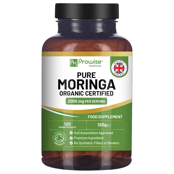 Organic Moringa Capsules 2000mg - 120 Vegan Moringa Leaves Capsules | Moringa Oleifera Leaf Supplement | 100% Natural Soil Association Organic Certified (Not Moringa Tablets) | Made in UK by Prowise Healthcare