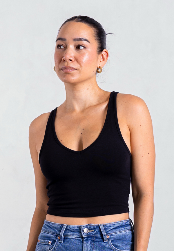 Organic Cotton V-Neck Cropped Tank Top, Black
