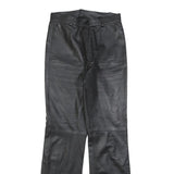 Womens Black Regular Leather Trousers W26 L32 Zip Closure Straight Leg