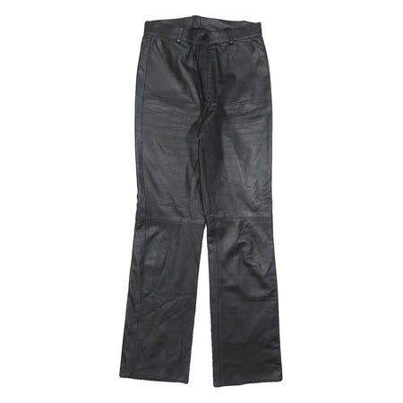 Womens Black Regular Leather Trousers W26 L32 Zip Closure Straight Leg