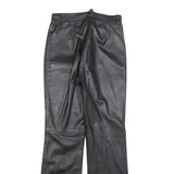 Womens Black Regular Leather Trousers W26 L32 Zip Closure Straight Leg