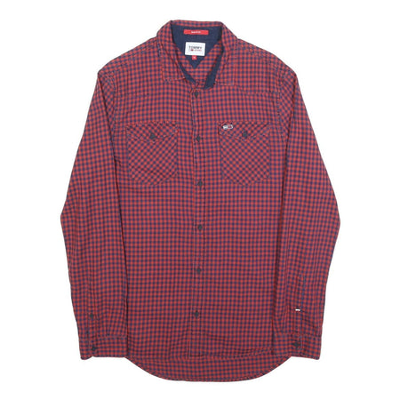 TOMMY HILFIGER Mens Red & Navy Checked Shirt M Cotton Blend Classic Fit Button