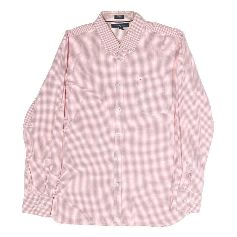 TOMMY HILFIGER Mens Pink & White Check Shirt L Cotton Button Down Collar Long
