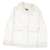 MUDD Womens White Leather Button Jacket M Faux Shearling Trimmed Elegant Fit