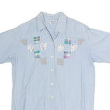 Womens Blue Patchwork Cotton Blend Shirt Short Sleeve Collared M Summer Casual