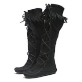 MINNETONKA Lace-Up Womens Knee High Boots Black Leather UK 4 Comfortable Stylish