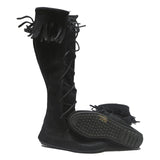 MINNETONKA Lace-Up Womens Knee High Boots Black Leather UK 4 Comfortable Stylish