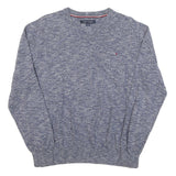TOMMY HILFIGER Mens Blue Patterned Jumper V-Neck Basic Knit L Cotton Blend