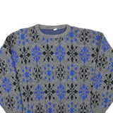 Mens Grey Blue Patterned Polyester Blend Plain Crew Neck Jumper L Casual