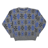 Mens Grey Blue Patterned Polyester Blend Plain Crew Neck Jumper L Casual