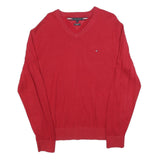 TOMMY HILFIGER Mens Red Pullover Plain V-Neck Basic Knit Jumper L Cotton Blend