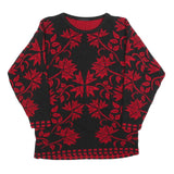 Womens Black & Red Patterned Jumper Round Neck Basic Knit S Elegant Leaf Design