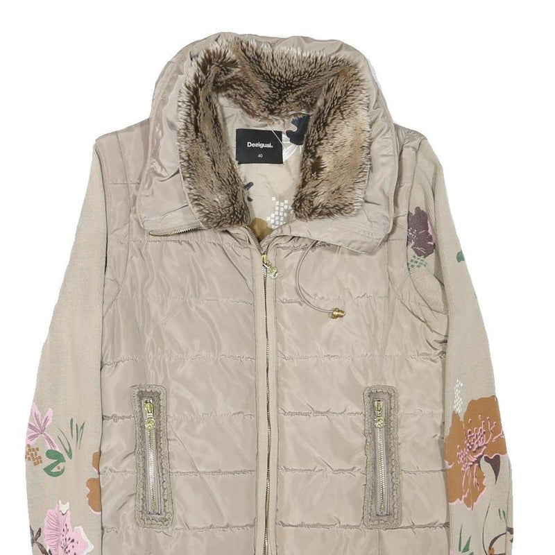 DESIGUAL Womens Beige Floral Sleeve Puffer Jacket S Polyester Blend Zip