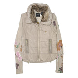 DESIGUAL Womens Beige Floral Sleeve Puffer Jacket S Polyester Blend Zip