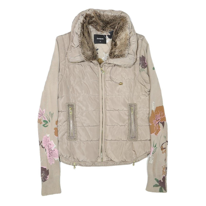 DESIGUAL Womens Beige Floral Sleeve Puffer Jacket S Polyester Blend Zip