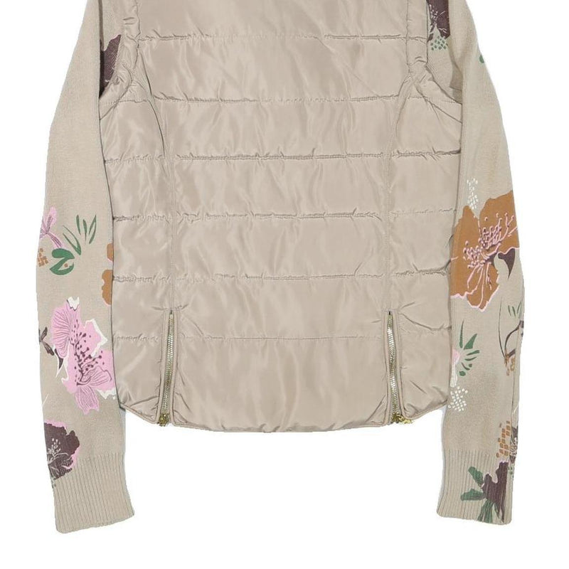 DESIGUAL Womens Beige Floral Sleeve Puffer Jacket S Polyester Blend Zip