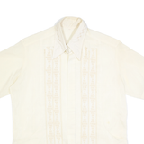 Mens Cream Plain Faux Silk Shirt L Relaxed Fit Short Sleeve Button Collar Satin