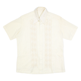 Mens Cream Plain Faux Silk Shirt L Relaxed Fit Short Sleeve Button Collar Satin