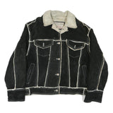 GUESS Womens Black Leather Button Jacket M Shearling Trim Contrast Stitching