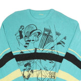 Womens Blue & Cream Cartoon Pattern Cotton Blend Patterned Crew Neck Basic Knit