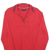 TOMMY HILFIGER Mens Red Plain Pullover V-Neck Basic Knit S Cotton Jumper