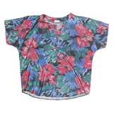 CHINDAMANE Womens Blue & Red Floral Silk Button Short Sleeve Top L Casual