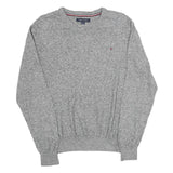 TOMMY HILFIGER Mens Grey Plain Cotton V-Neck Basic Knit Jumper L Classic Style