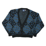 FINE LINE Womens Blue Black Wool Patterned Button Up Jumper M Chunky Knit Round