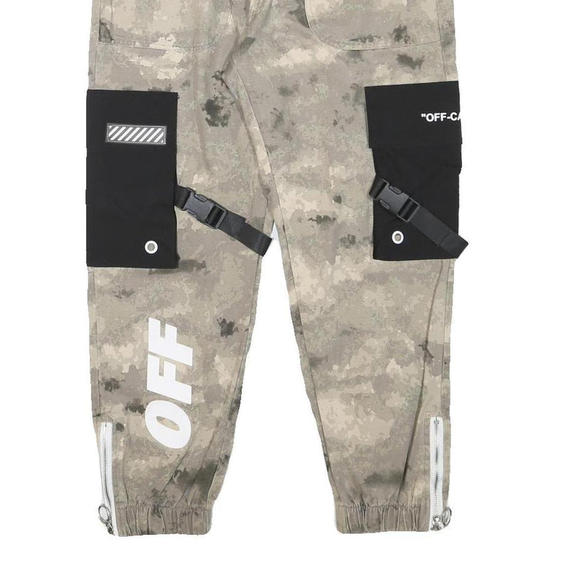 Mens Beige & Black Camouflage Cotton Blend Relaxed Cargo Trousers W27 L25