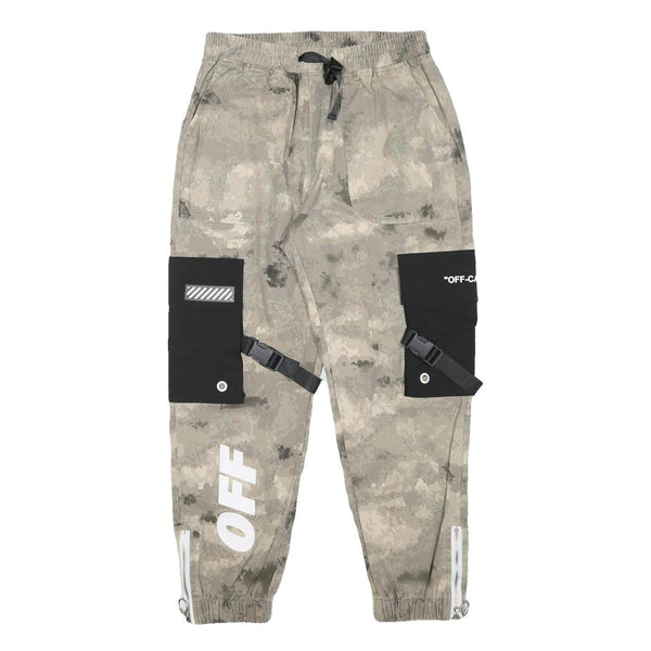 Mens Beige & Black Camouflage Cotton Blend Relaxed Cargo Trousers W27 L25