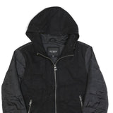 GUESS Womens Black Wool Blend Hooded Zip Jacket L Outerwear Quilted Lightweight