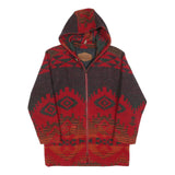 WOOLRICH Womens Red & Brown Geometric Hooded Zip Jacket S Woven Pattern Warm