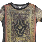 NICOLA Womens Black Printed Top Short Sleeve Round Neck M Glitter Sheer