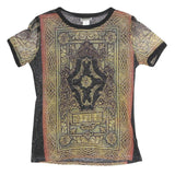 NICOLA Womens Black Printed Top Short Sleeve Round Neck M Glitter Sheer